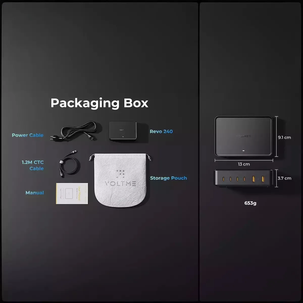 VOLTME REVO 240 charging multiple devices including a laptop, phone, and tablet